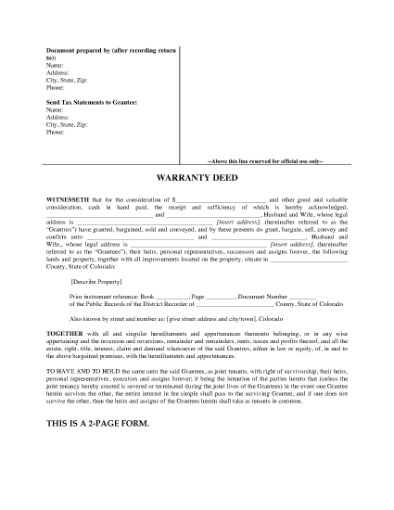 Picture of Colorado Warranty Deed for Joint Ownership