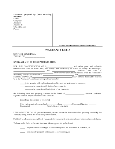 Picture of Louisiana Warranty Deed for Joint Ownership