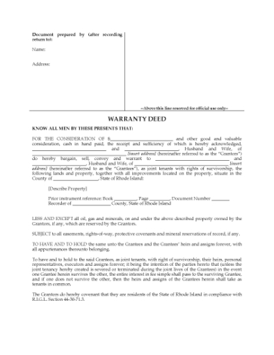 Picture of Rhode Island Warranty Deed for Joint Ownership