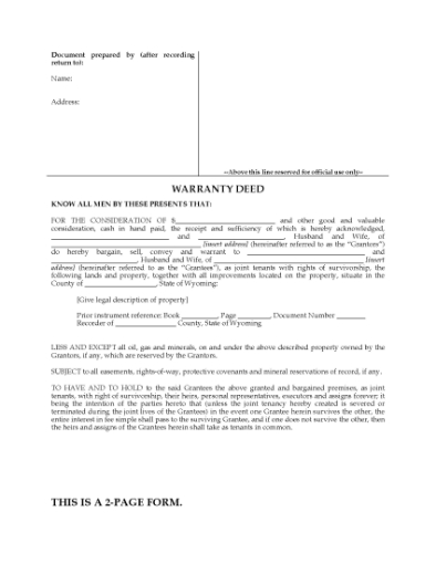 Picture of Wyoming Warranty Deed for Joint Ownership