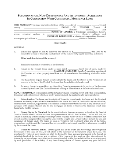 Picture of Mississippi Subordination, Non-Disturbance and Attornment Agreement