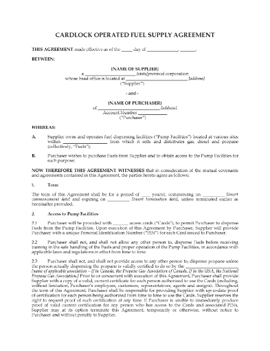 Cardlock Operated Fuel Supply Agreement