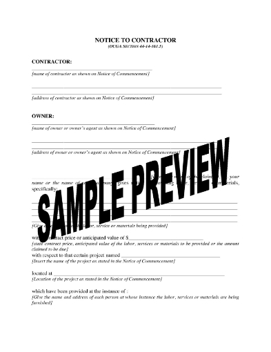 Georgia Notice to Contractor by Claimant Without Privity of Contract