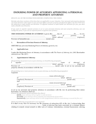 Picture of Saskatchewan Enduring Power of Attorney for Personal and Property Attorney