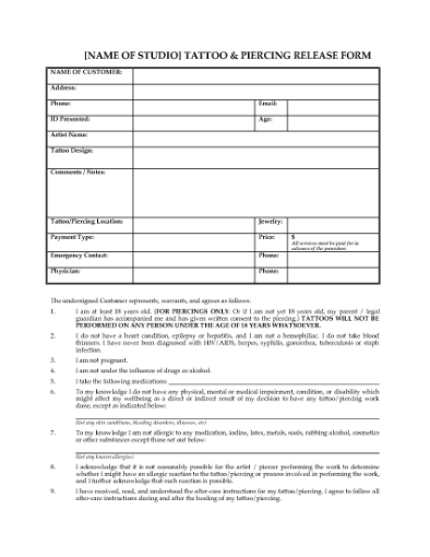 Picture of Tattoo and Piercing Release Forms
