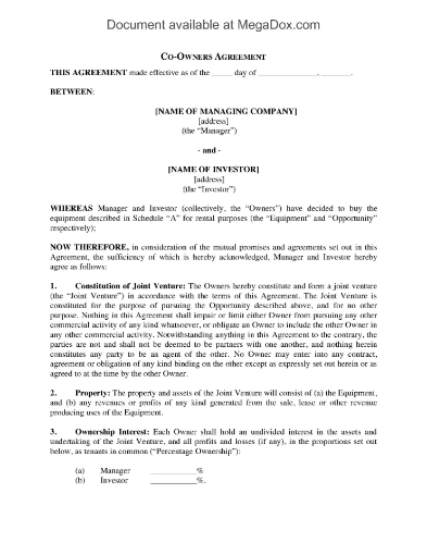 Canada Equipment Rental Joint Venture Agreement