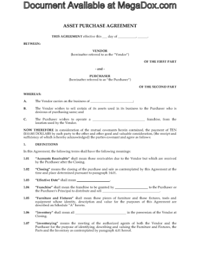 Picture of Asset Purchase Agreement for Franchise | Canada