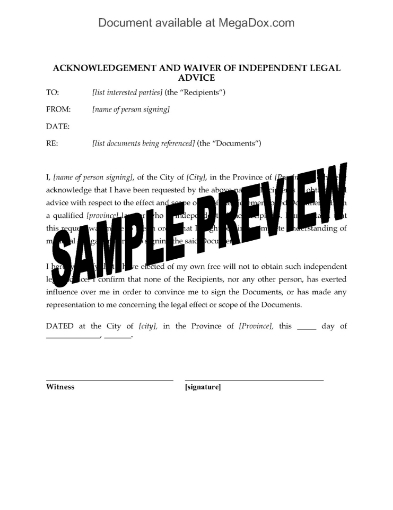 Canada Acknowledgement and Waiver of Independent Legal Advice