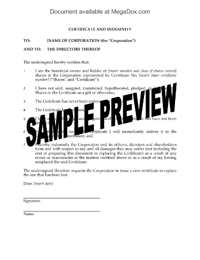 Canada Indemnity for Lost Share Certificate