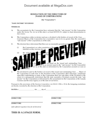 Picture of Directors Resolution to Declare Safe Income Dividend | Canada