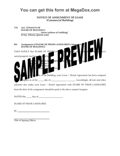 Picture of Alberta Notice to Tenants of Assignment of Commercial Lease
