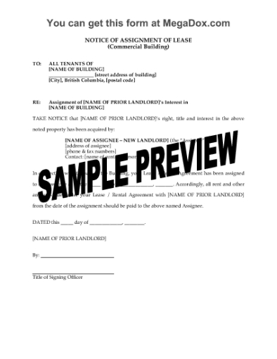 Picture of British Columbia Notice to Tenants of Assignment of Commercial Lease