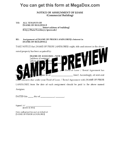 Australia Notice to Tenants of Assignment of Business Lease