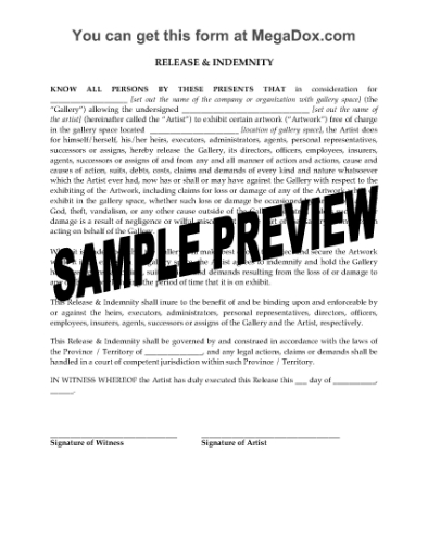 Picture of Release and Indemnity of Gallery by Artist