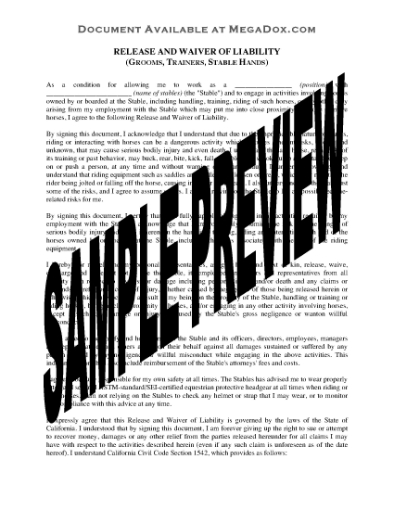 Picture of California Stable Worker Release and Waiver of Liability