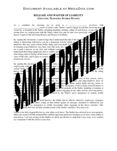Picture of Texas Stable Worker Release and Waiver of Liability