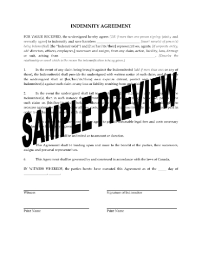 Picture of Indemnity Agreement | Canada