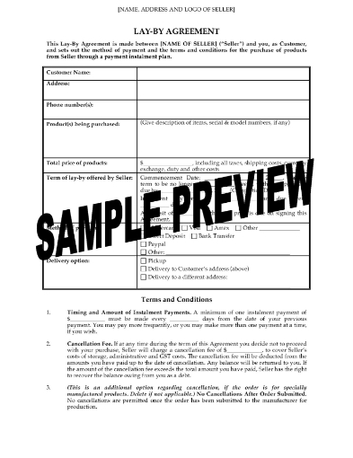 layby agreement template that can be used in both Australia and New Zealand
