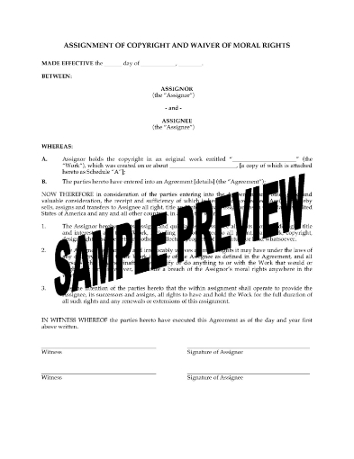 Canada Assignment of Copyright and Waiver of Moral Rights