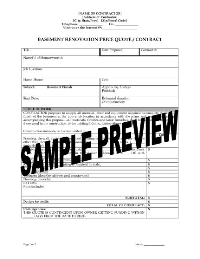 Picture of Basement Renovation Price Quote and Contract