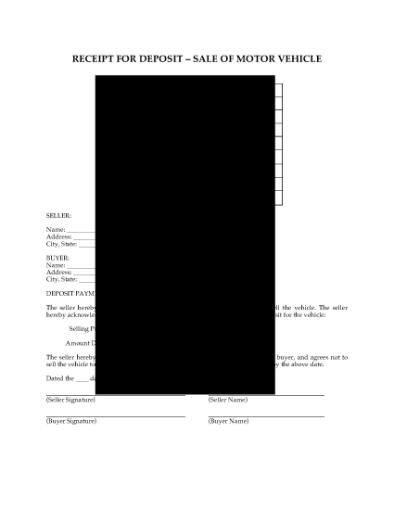 Picture of Receipt for Deposit in Sale of Motor Vehicle | USA