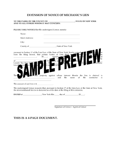 New York Extension of Notice of Mechanics Lien