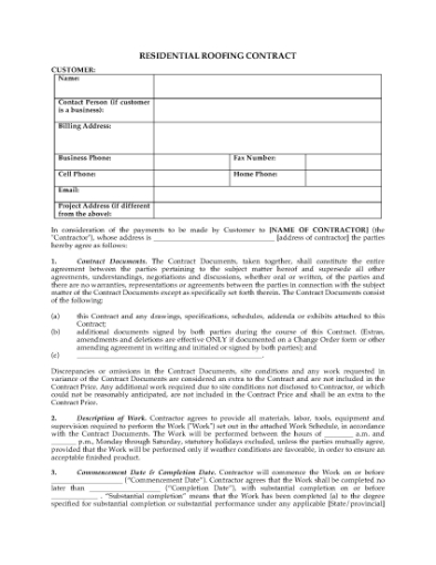 Picture of Roofing Contract for Residential Customers