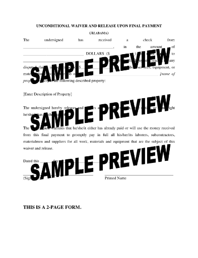 Alabama Unconditional Waiver and Release of Lien Upon Final Payment