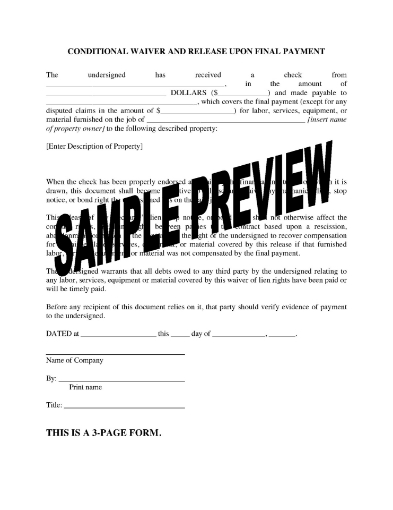 Colorado Conditional Lien Waiver and Release on Final Payment