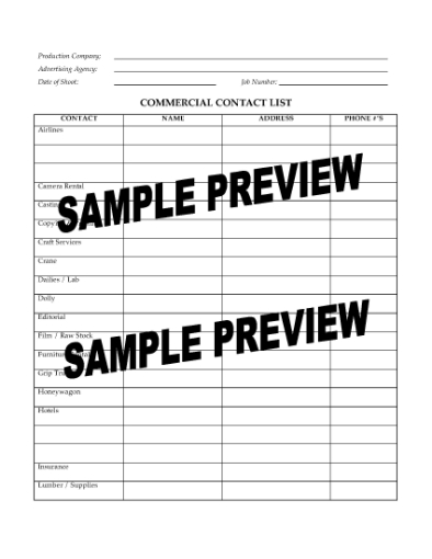 Picture of Contact List for TV Commercial Shoot