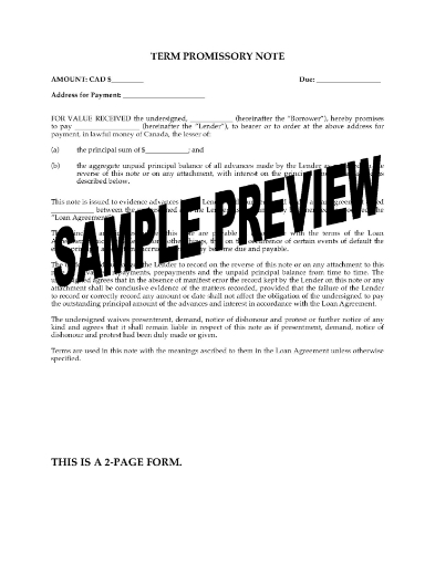 Canada Promissory Note for Multiple Advances