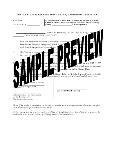 Canada Vendor's GST / HST Warranty and Indemnity