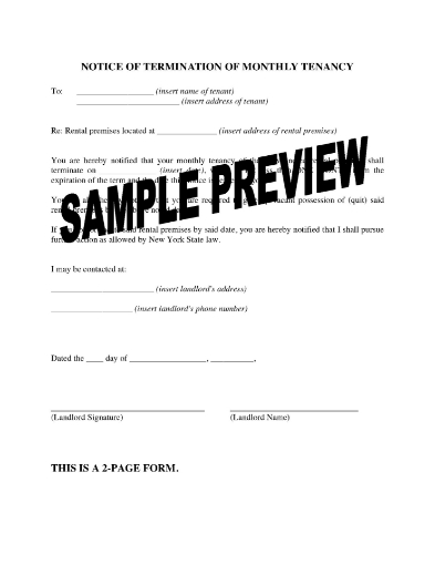 New York Notice to Tenant of Termination of Monthly Tenancy (other than NYC)