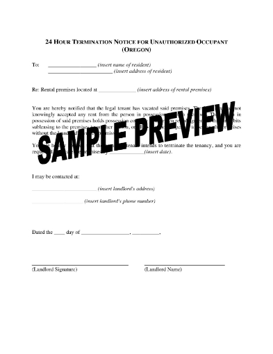Oregon 24 Hour Termination Notice for Unauthorized Occupant
