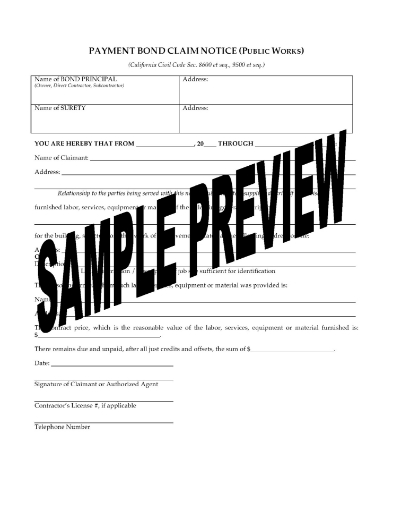 California Payment Bond Claim Notice - Public Works