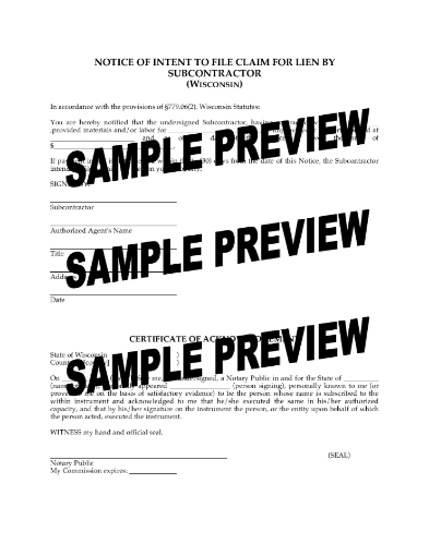 Wisconsin Notice of Intent to File Lien Claim (Subcontractor)