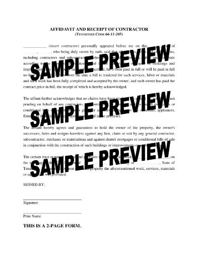 Tennessee Affidavit and Receipt of Contractor