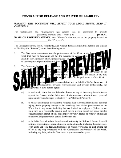 Canada Waiver and Release of Homeowner by Contractor