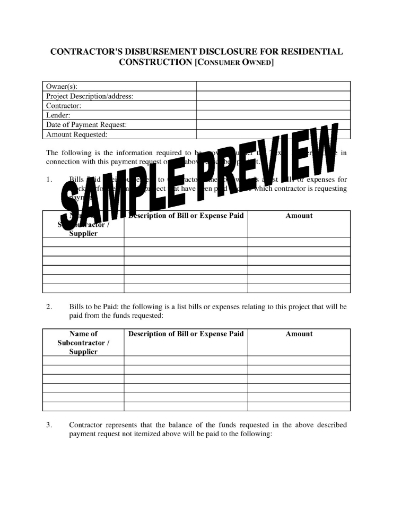 Texas Contractor's Disbursement Disclosure for Residential Construction