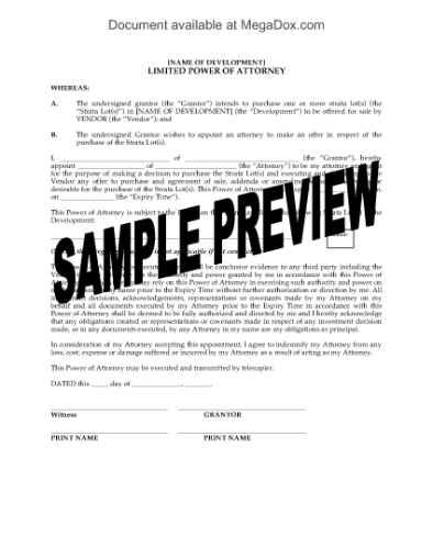 Picture of Power of Attorney for Strata Lot Purchase | Canada