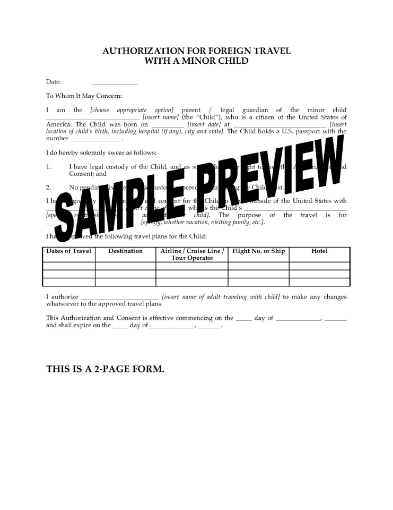 USA Parental Consent for Foreign Travel with Minor Child