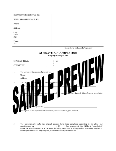 Texas Affidavit of Completion