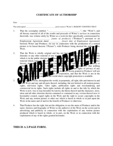Picture of Certificate of Authorship of Screenplay