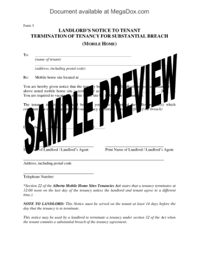 Picture of Alberta Termination of Tenancy for Substantial Breach (Mobile Home)