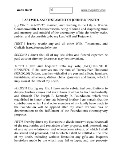 Picture of John Fitzgerald Kennedy Last Will and Testament