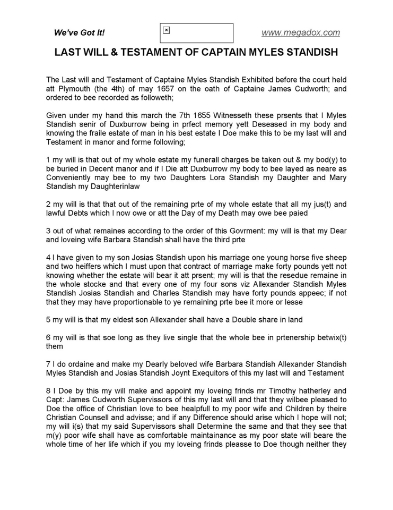 Picture of Myles Standish Last Will and Testament