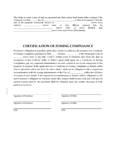 Illinois Certificate of Zoning Compliance Rider to the Sales Contract