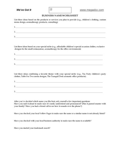 Picture of Business Name Worksheet