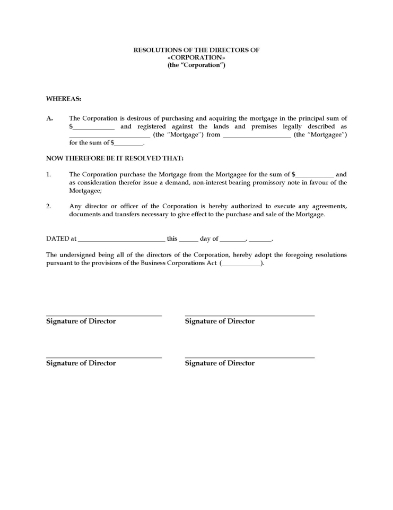 Resolutions of the directors of a Canadian corporation to approve purchase of a mortgage from a third party lender
