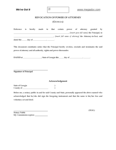 Picture of Georgia Revocation of Power of Attorney
